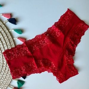 Victoria's Secret Shimmer Lace-Waist Cotton Cheeky Panty Red Small NEW